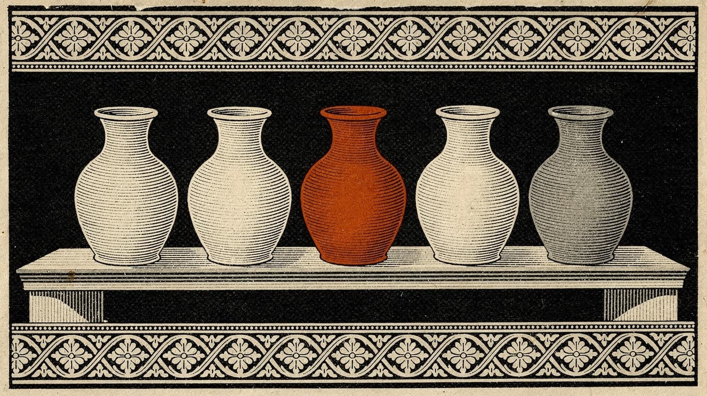 Engraving of five thrown Rajasthani vessels on a shelf between block-printed borders, one picked out in ember