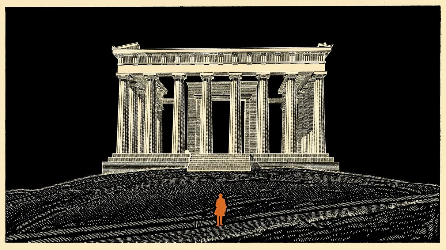 Engraving of the unfinished National Monument on Calton Hill, Edinburgh, at night, with one small figure in ember standing on the hill below it