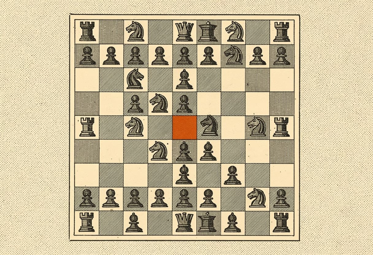Engraving of a chessboard four moves into the London System, the bishop's square marked in ember