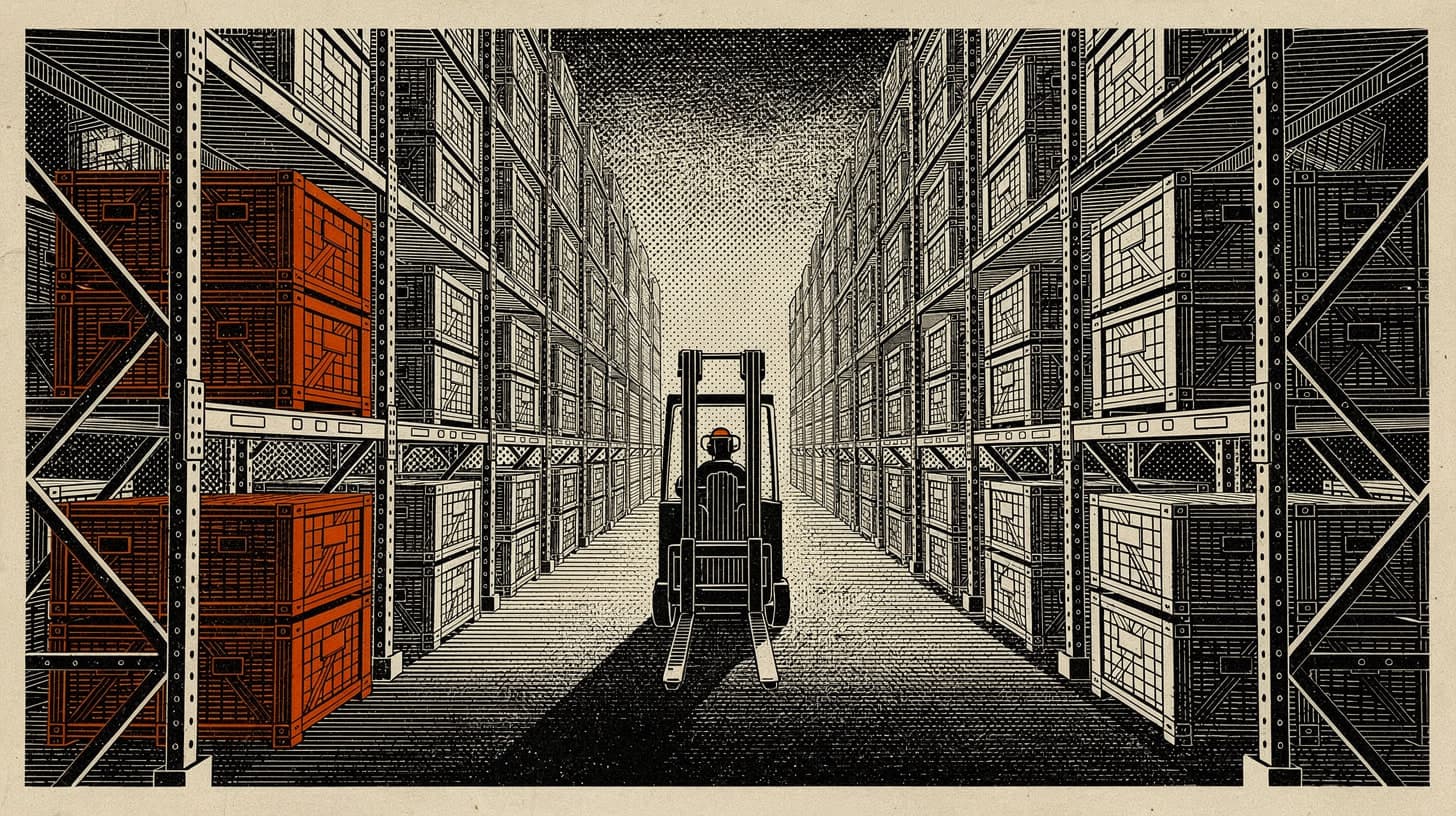 Engraving of a warehouse aisle: pallet racking on both sides, a forklift in the aisle, and one pallet flagged in ember