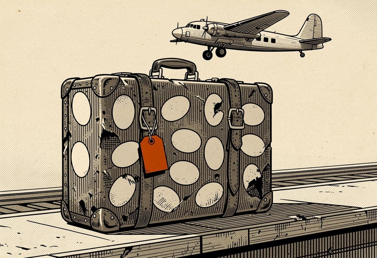 Engraving of a battered, sticker-covered suitcase on a platform with an ember luggage tag on its handle and a propeller plane passing overhead