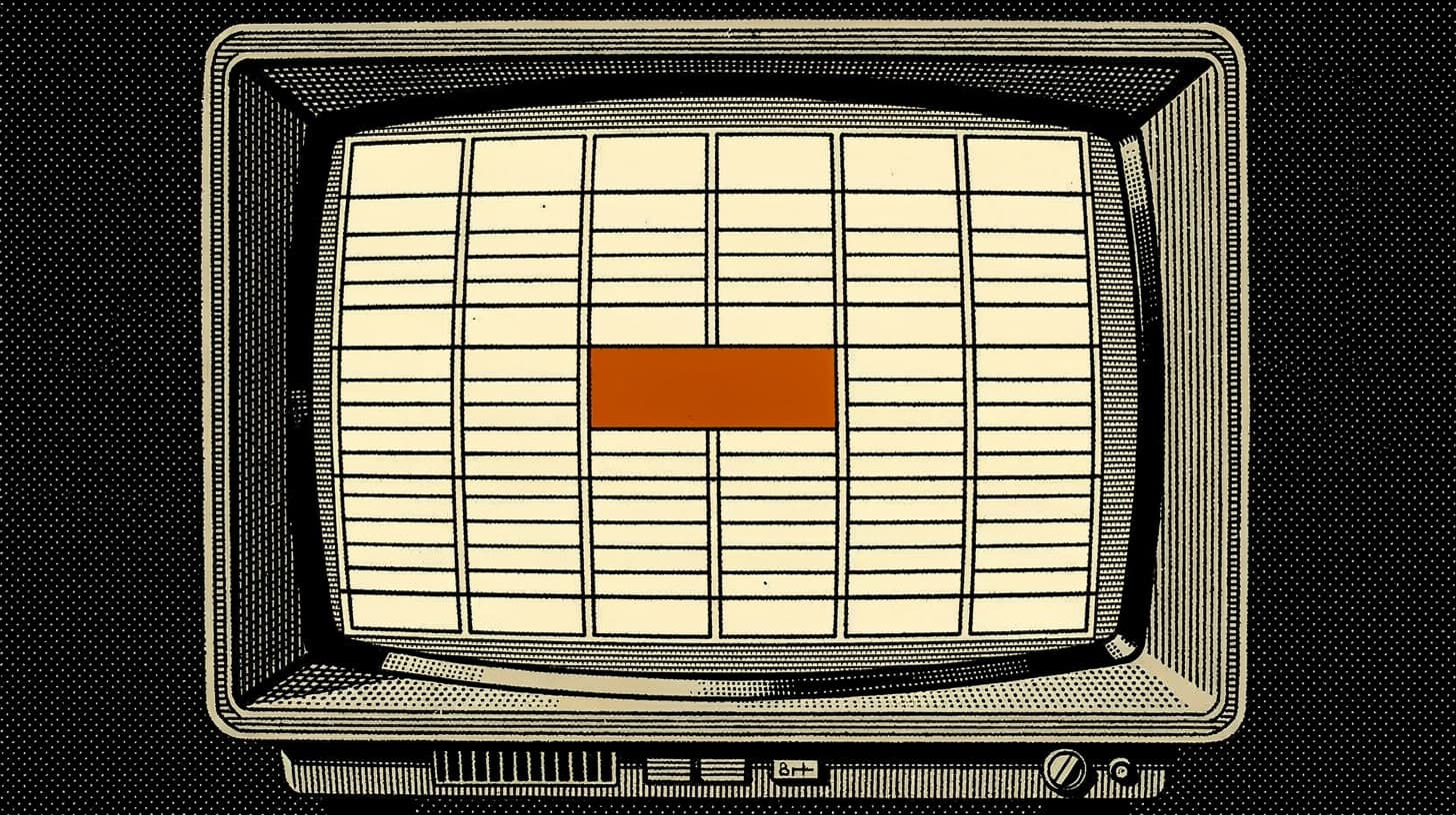 Engraving of an old computer terminal showing a ruled form of unlabelled fields, with one field flagged in ember