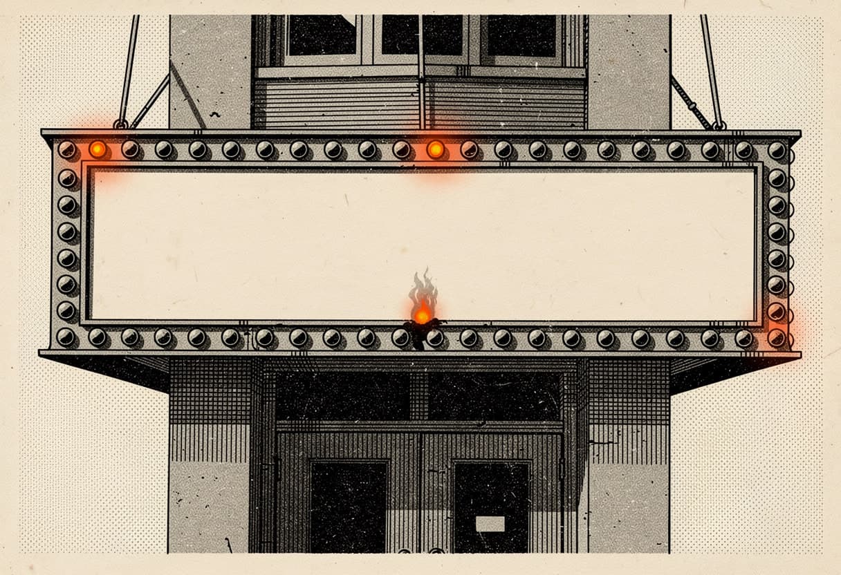 Engraving of a cinema marquee with an unlettered bill, one bulb along its edge lit in ember