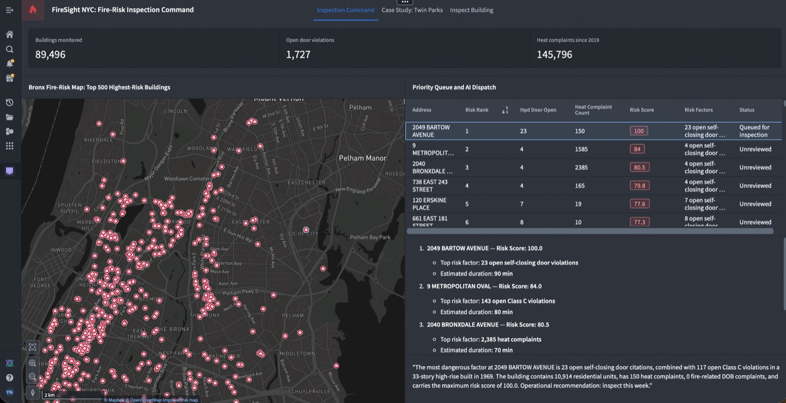 FireSight NYC — Bronx fire-risk inspection command center in Palantir Foundry