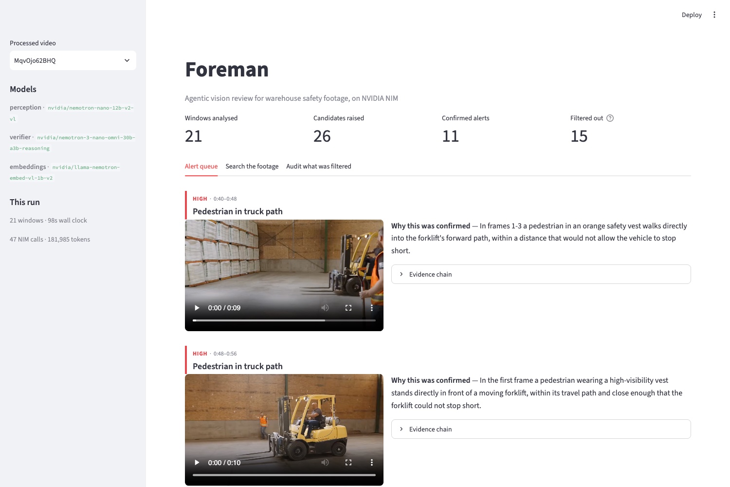 Foreman review console: verified warehouse safety alerts with evidence clips