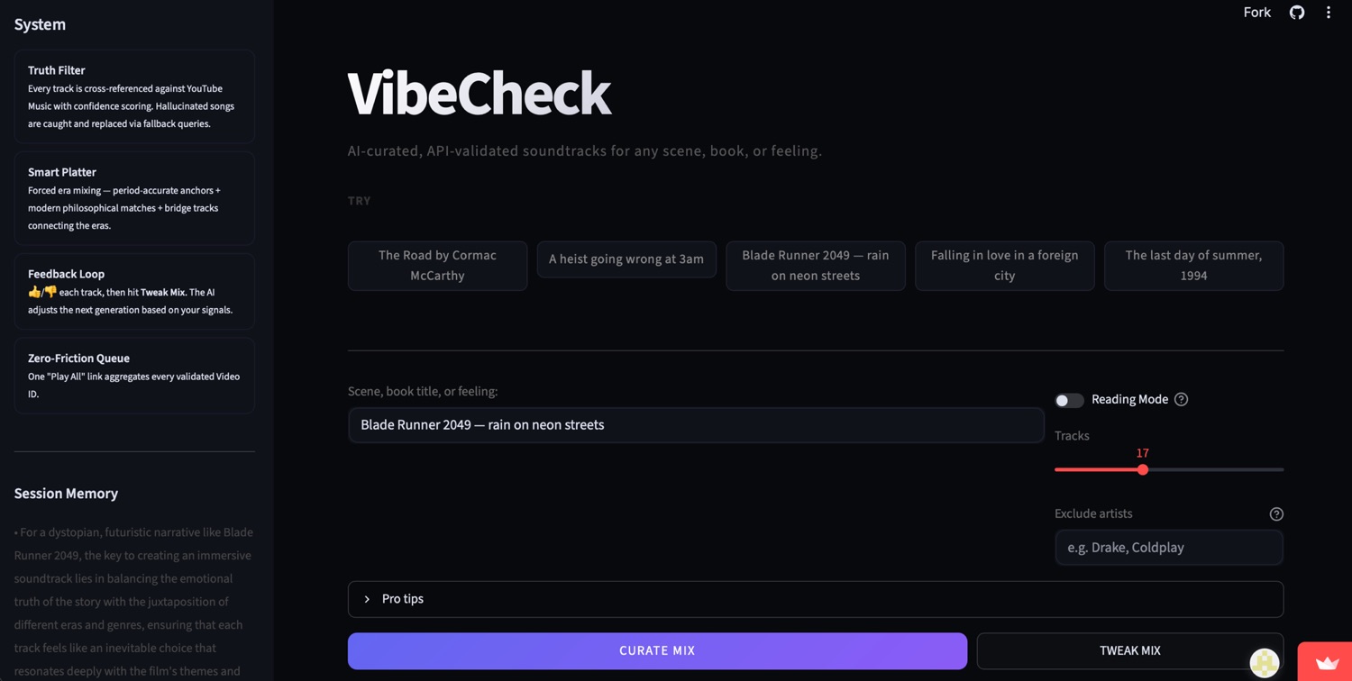 VibeCheck app — AI-curated, API-validated soundtracks