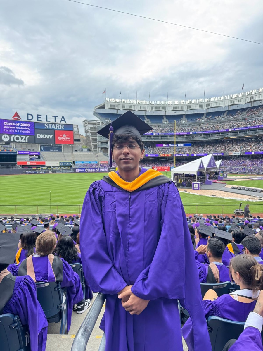 Yash Nirwan at NYU's 2026 commencement, Yankee Stadium